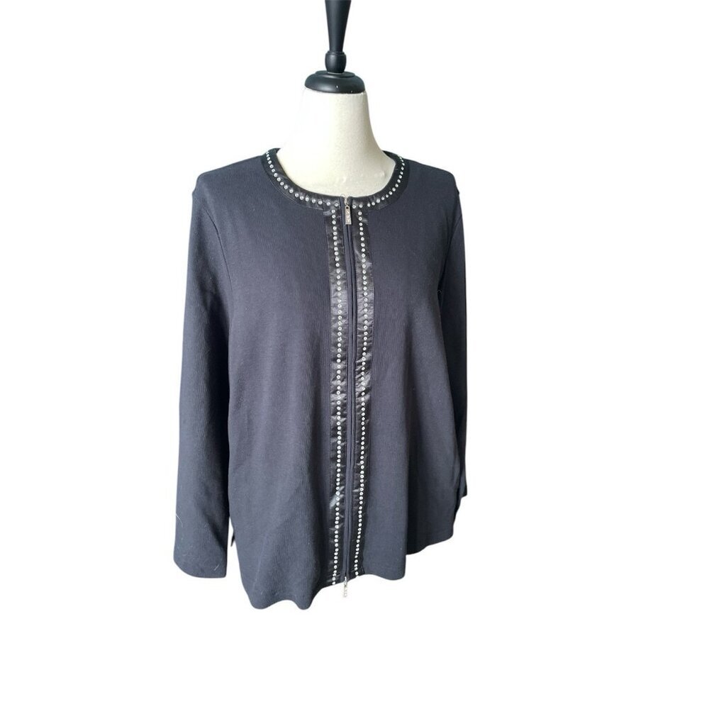 Quacker Factory Black Embellished Zip-Front Cardigan Jacket XL 100% Cotton Long